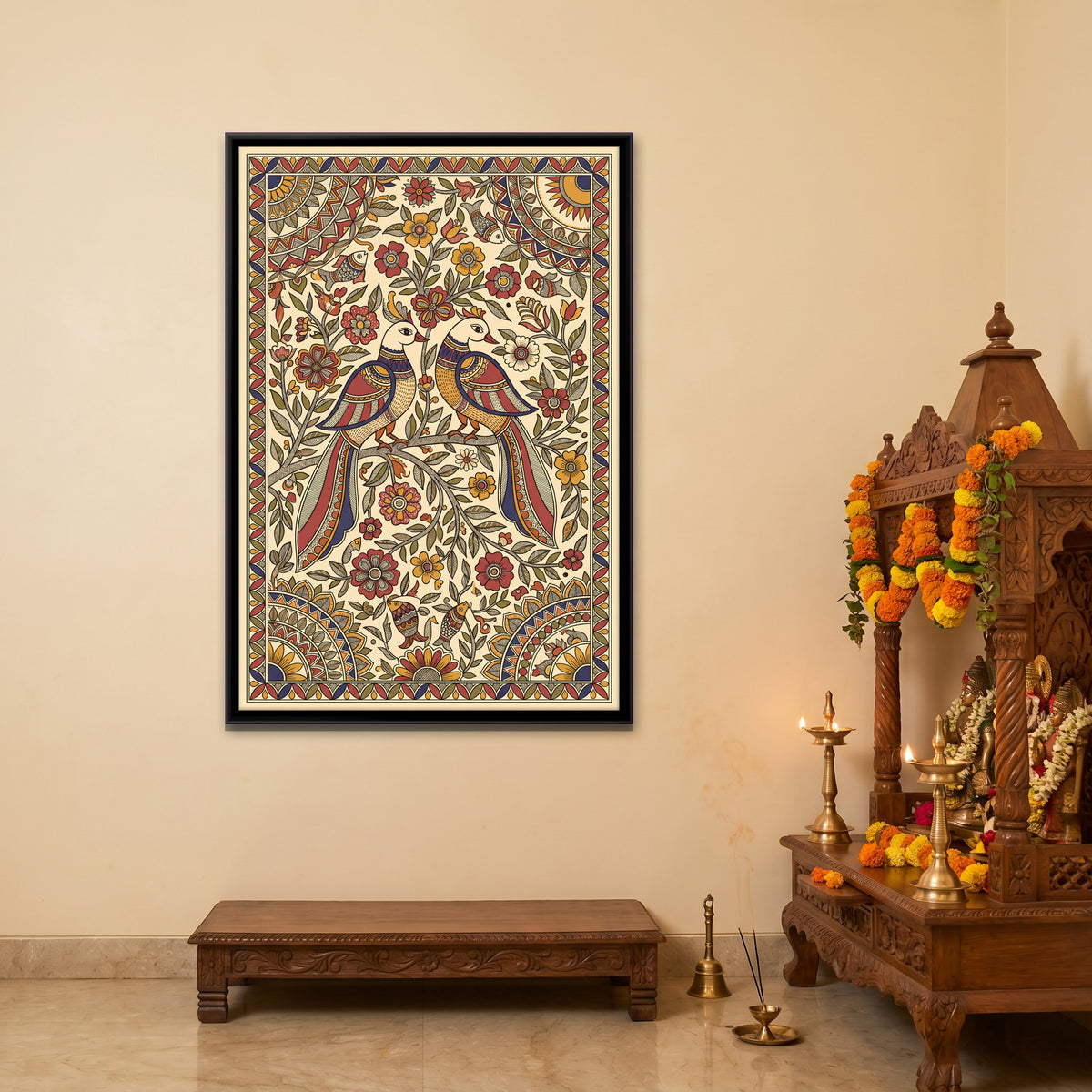Pair of Birds on a Flowering Branch - canvas art shown in a second room setting