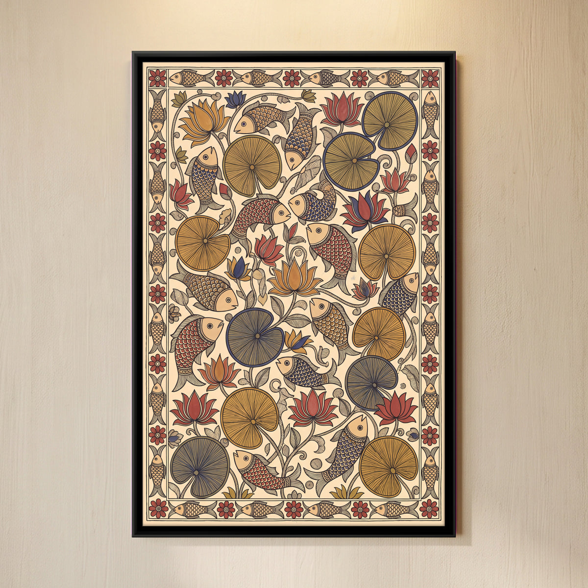 Fish in a Lotus Pond - framed canvas art hung on a wall