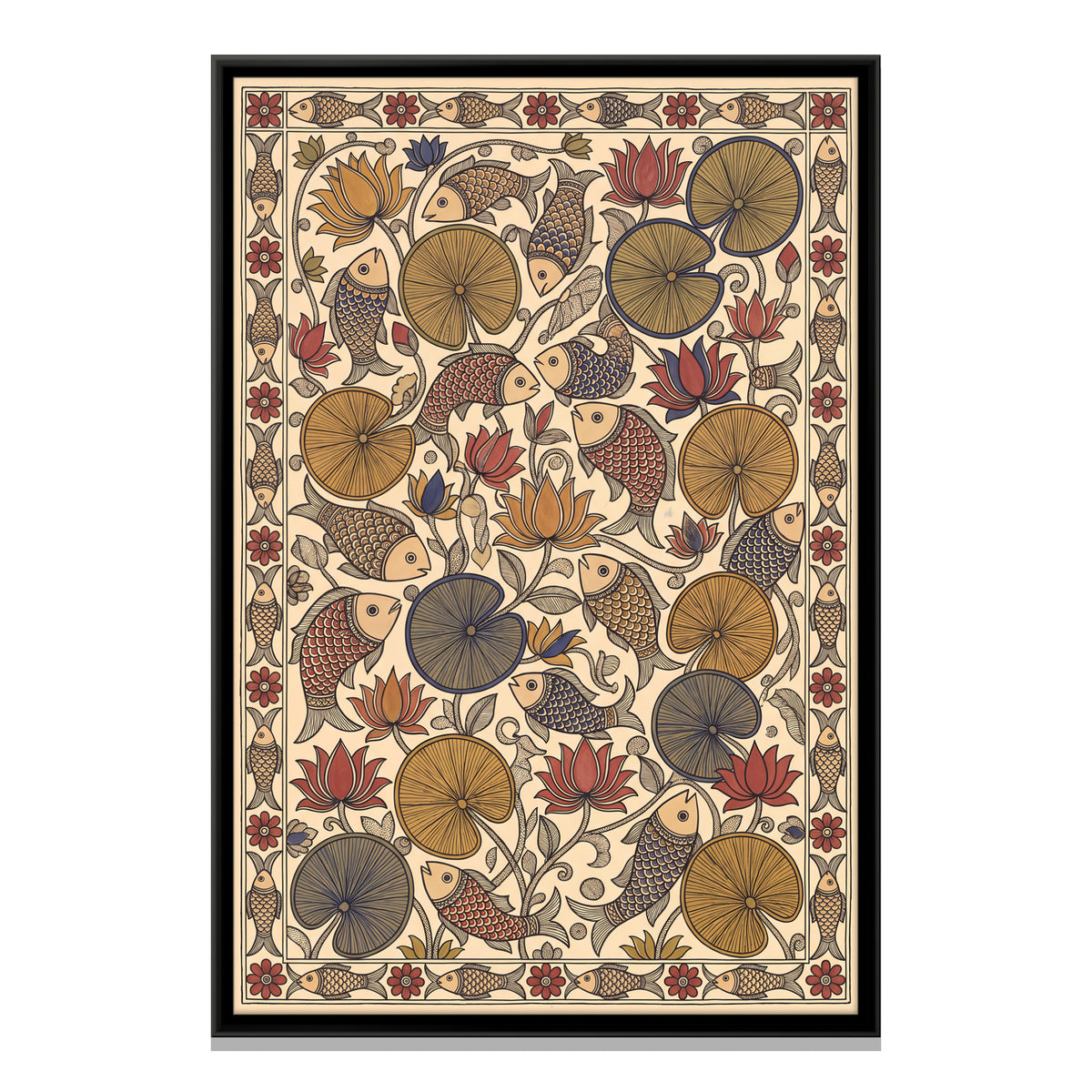 Fish in a Lotus Pond - framed canvas print, front view