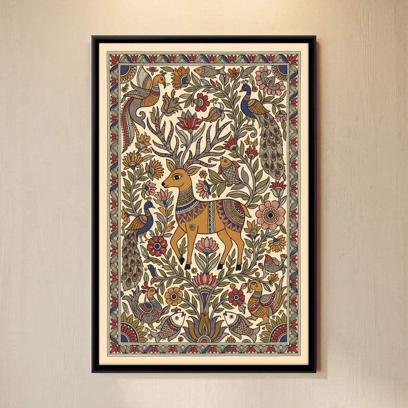 Deer with Peacocks - framed canvas art hung on a wall