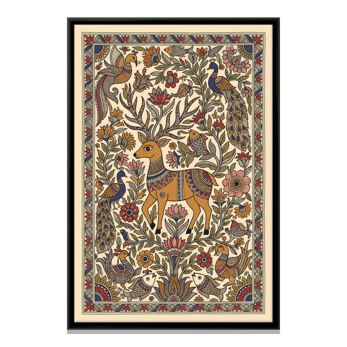 Deer with Peacocks - framed canvas print, front view