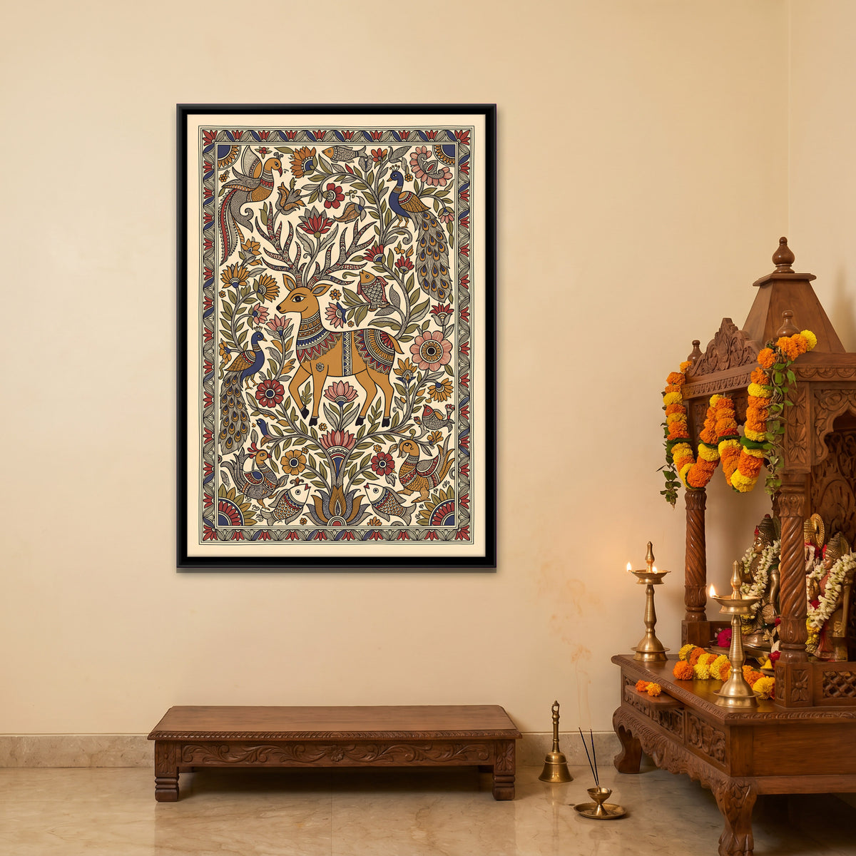 Deer with Peacocks - canvas art shown in a second room setting