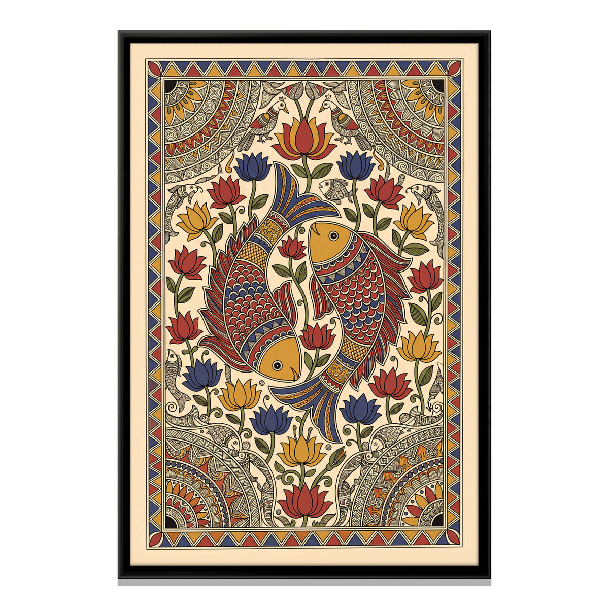 Two Fish Among Lotus Flowers - framed canvas print, front view