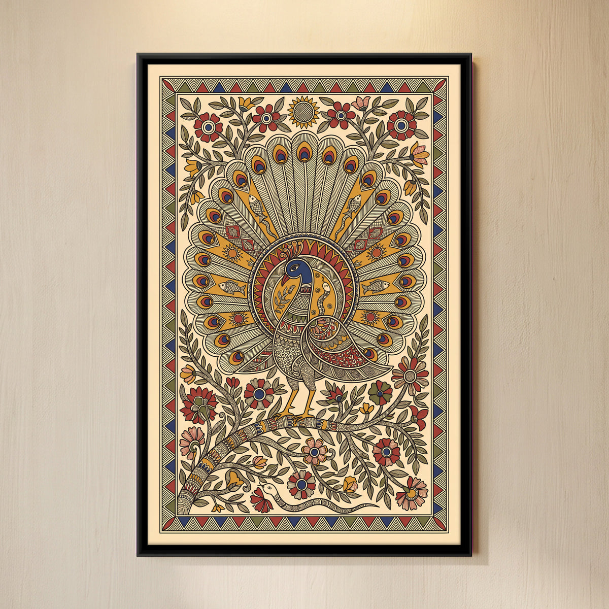 Dancing Peacock - framed canvas art hung on a wall
