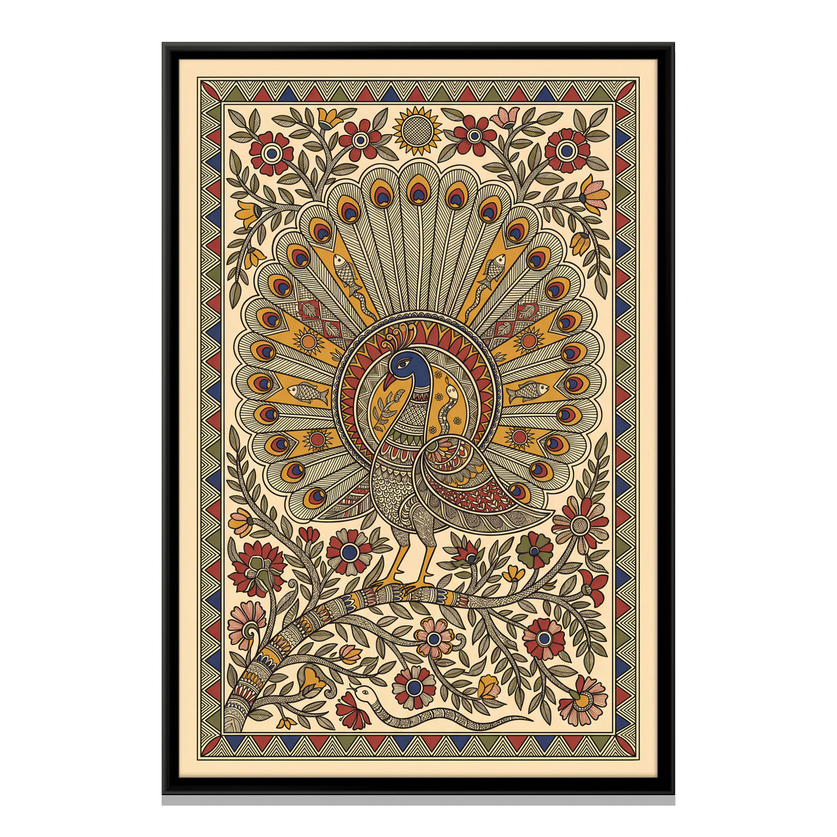 Dancing Peacock - framed canvas print, front view