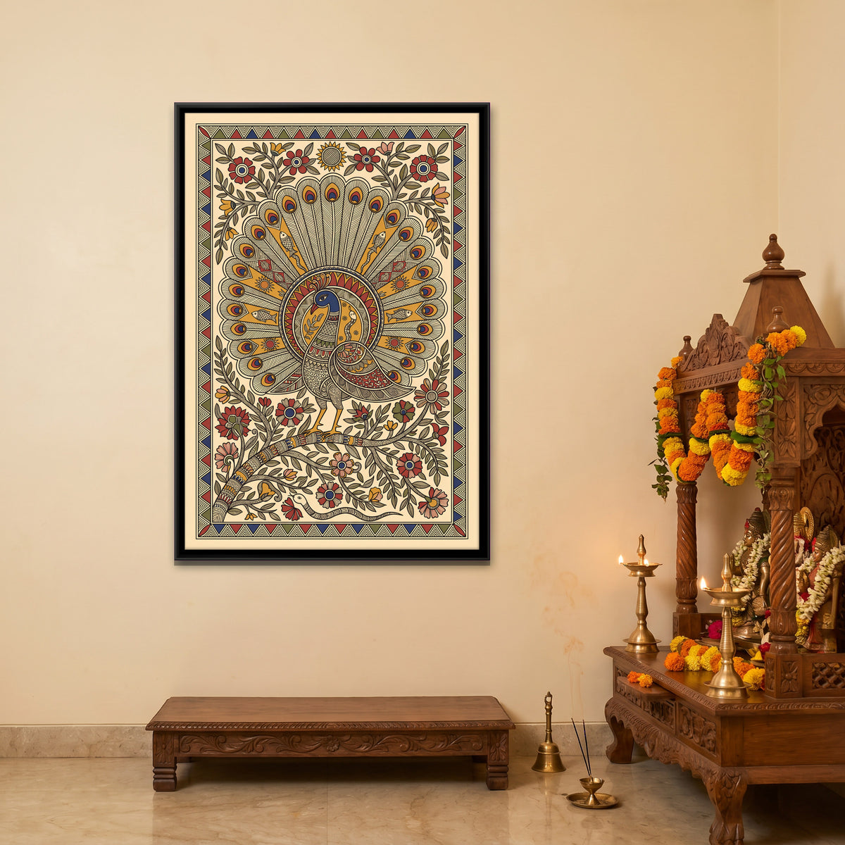 Dancing Peacock - canvas art shown in a second room setting