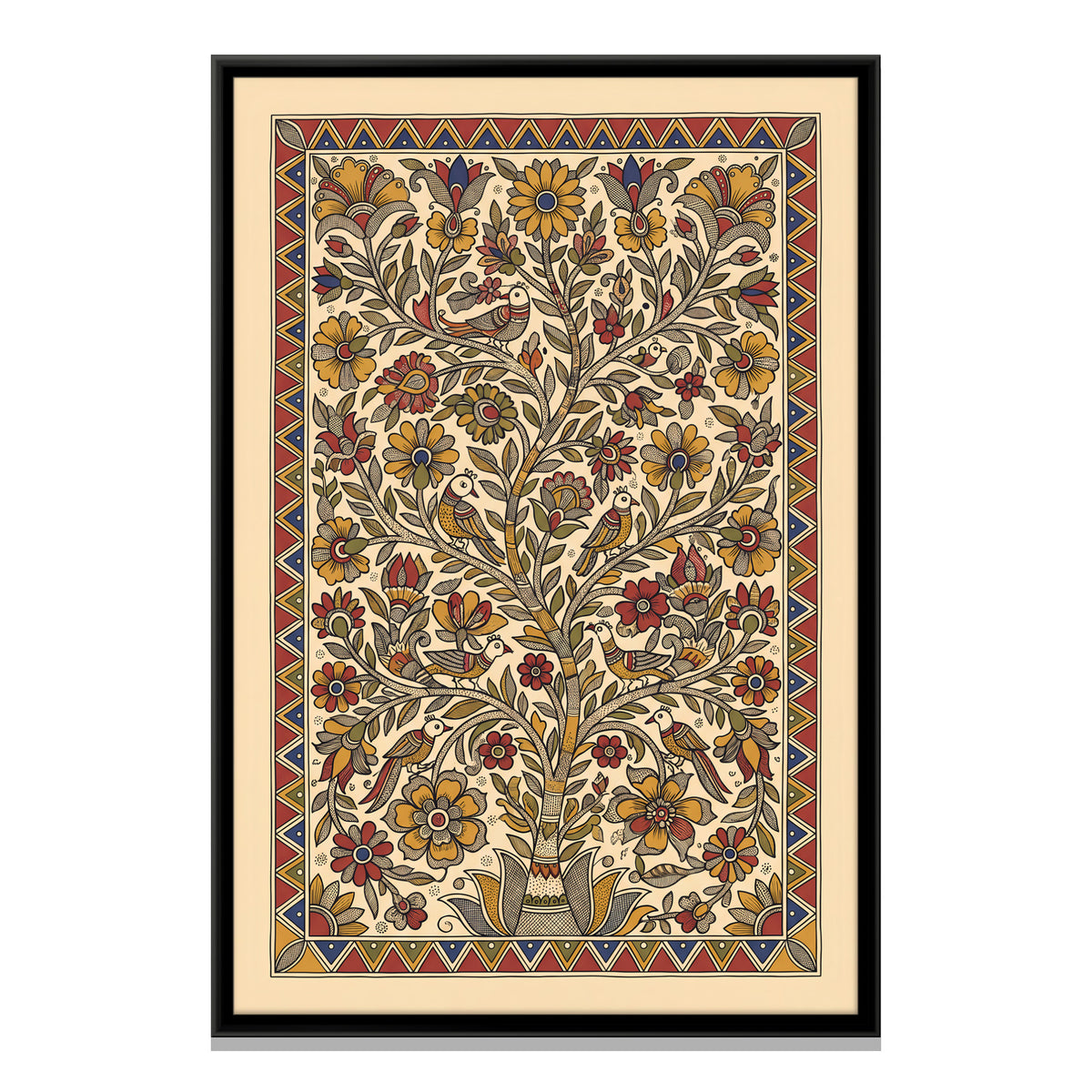 Flowering Tree with Birds - framed canvas print, front view