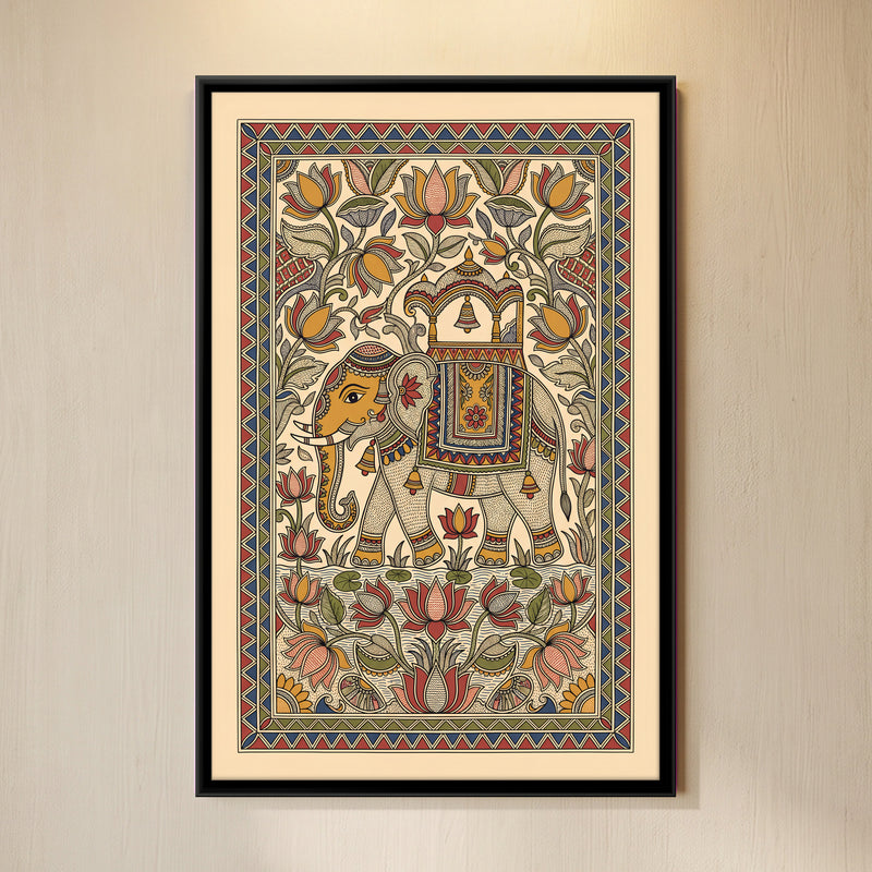 Decorated Elephant Among Lotus Flowers - framed canvas art hung on a wall