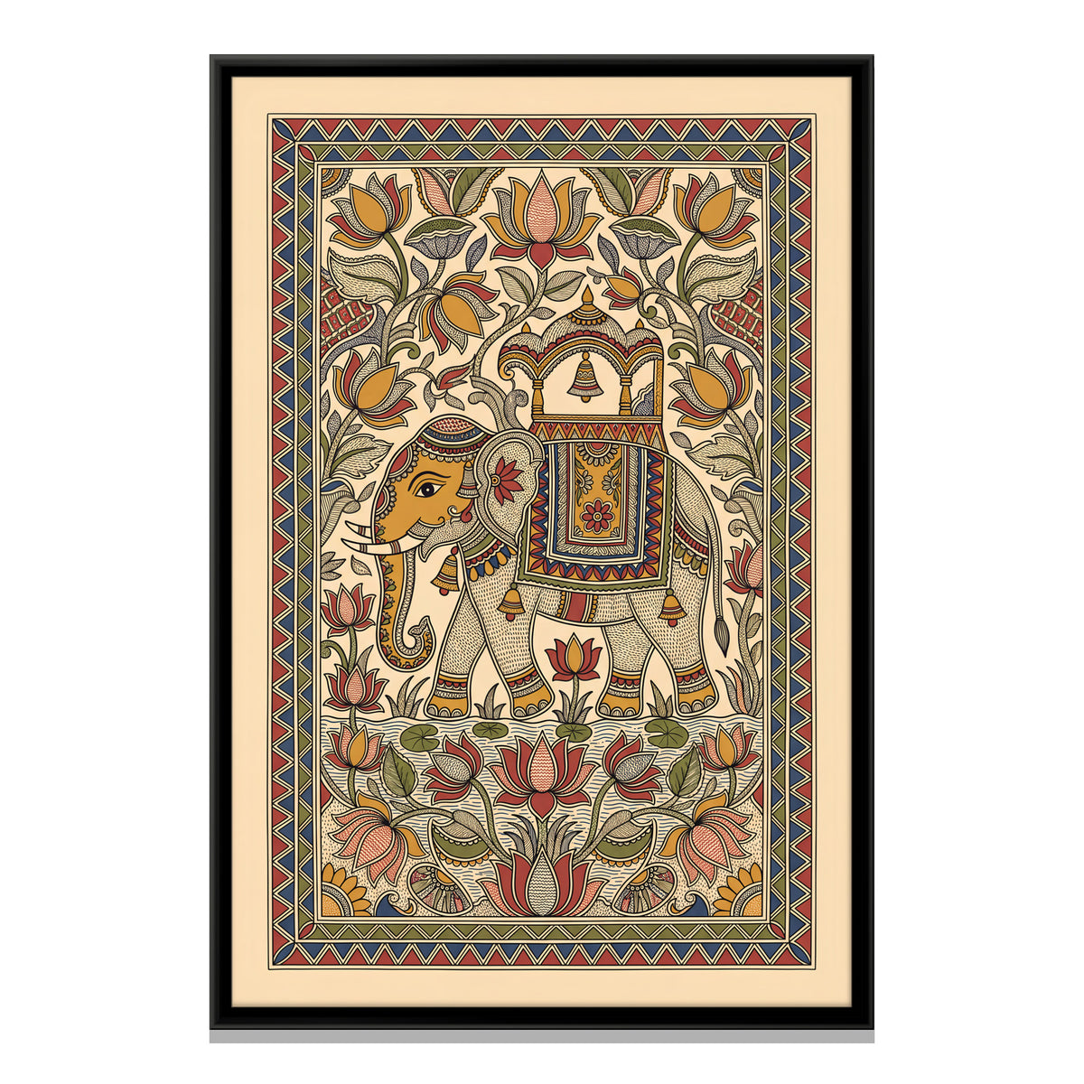 Decorated Elephant Among Lotus Flowers - framed canvas print, front view