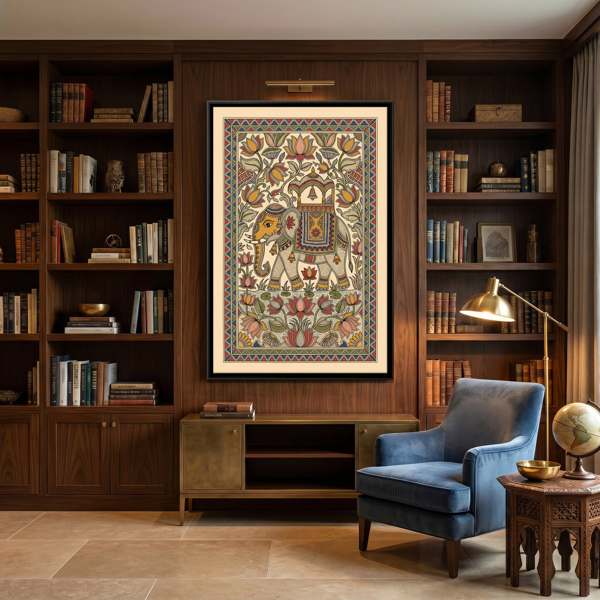 Decorated Elephant Among Lotus Flowers - canvas art shown in a second room setting