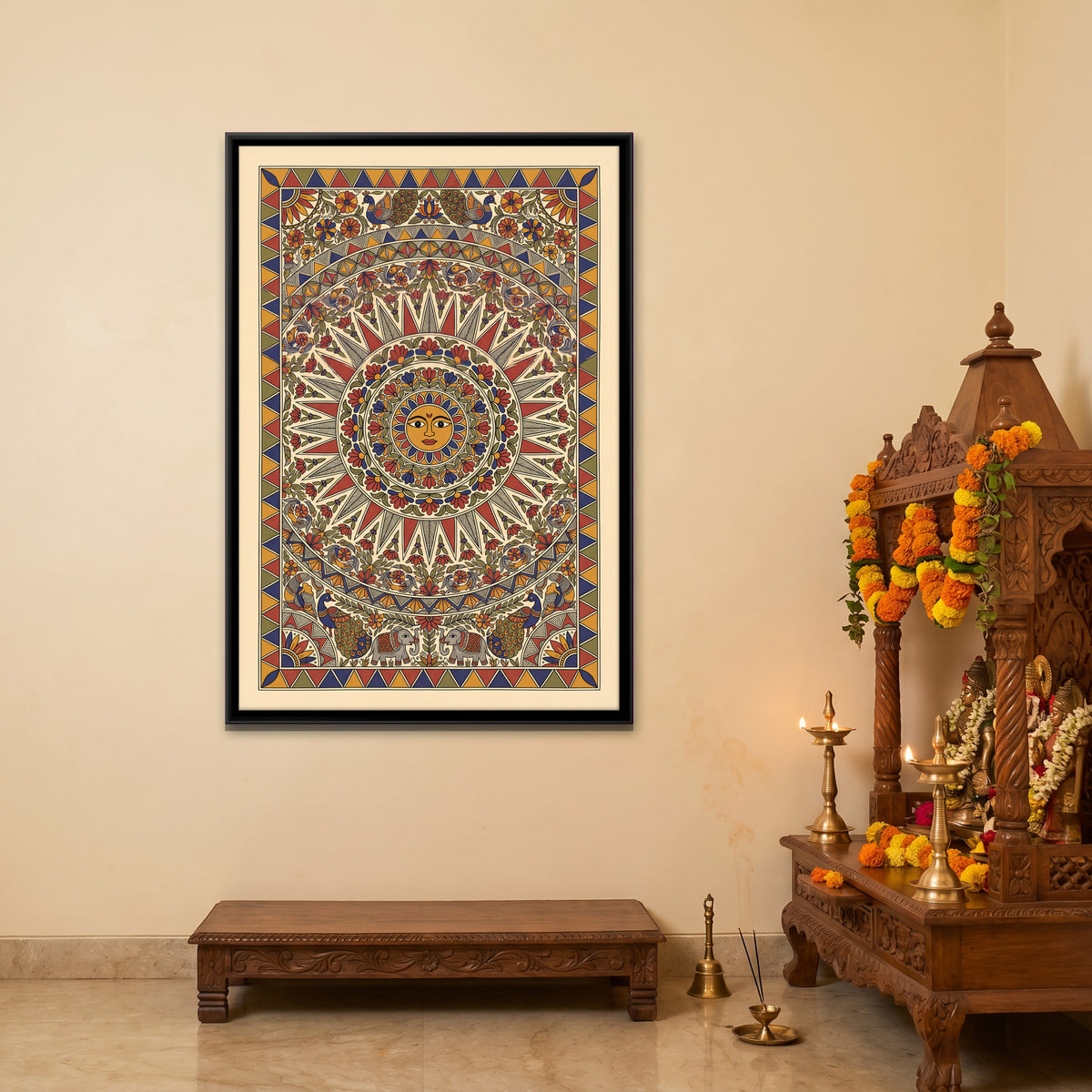 Surya the Sun God - canvas art shown in a second room setting