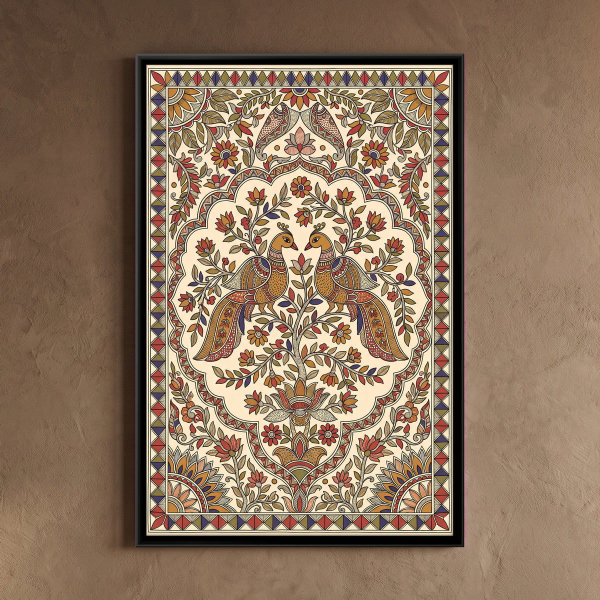 Peacock Pair on a Flowering Tree - framed canvas art hung on a wall
