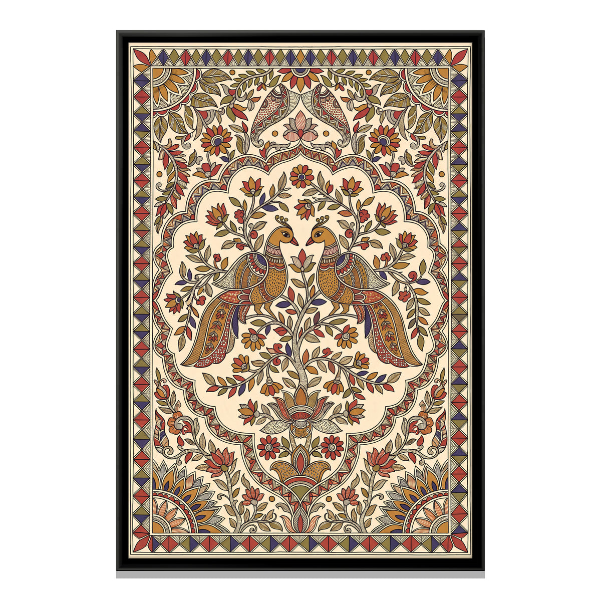 Peacock Pair on a Flowering Tree - framed canvas print, front view