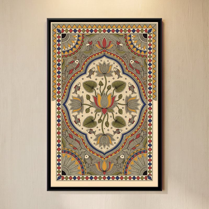 Lotus Medallion with Fish - framed canvas art hung on a wall