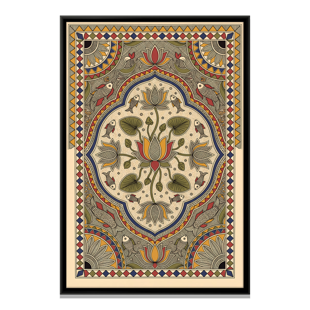 Lotus Medallion with Fish - framed canvas print, front view
