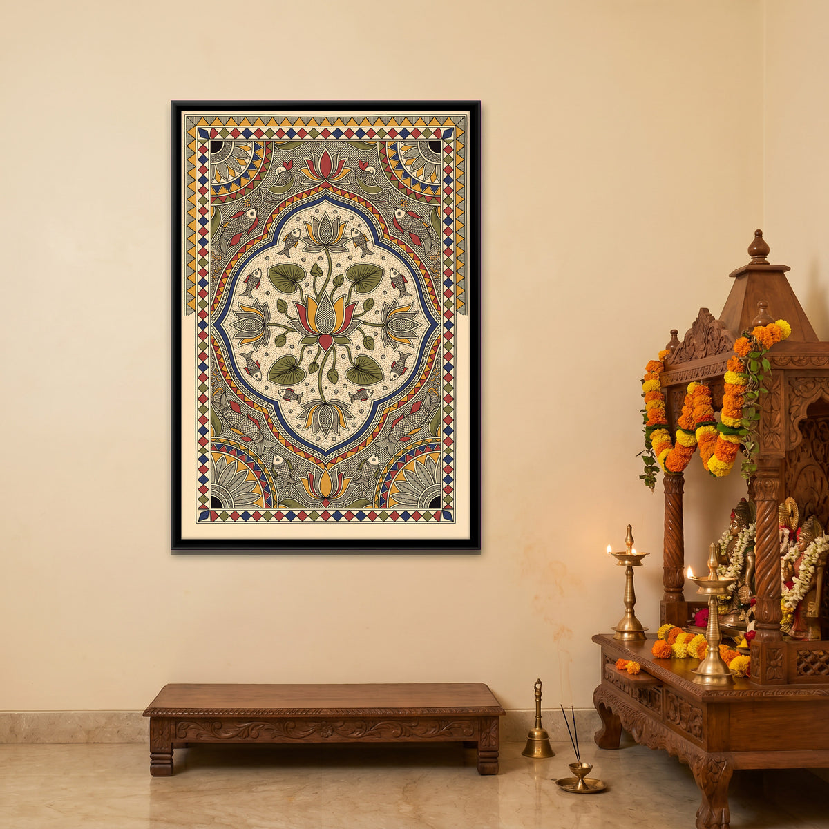 Lotus Medallion with Fish - canvas art shown in a second room setting