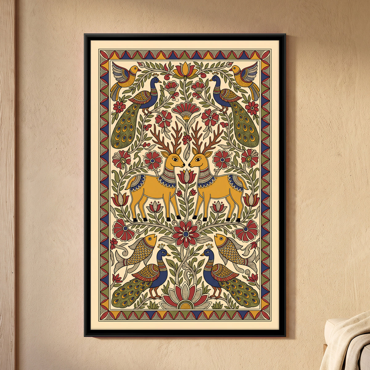 Pair of Deer with Peacocks - framed canvas art hung on a wall
