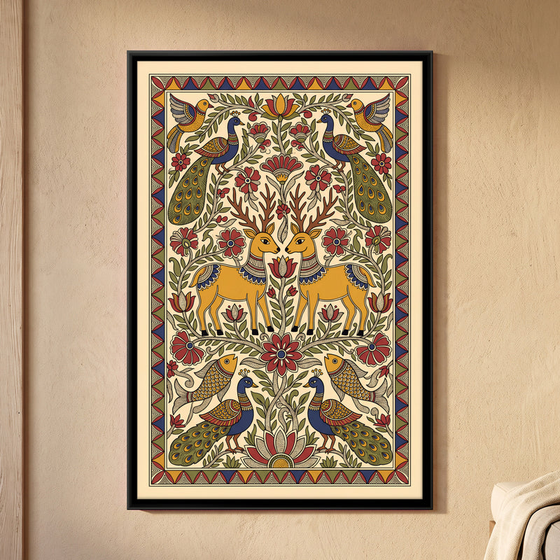 Pair of Deer with Peacocks - framed canvas art hung on a wall