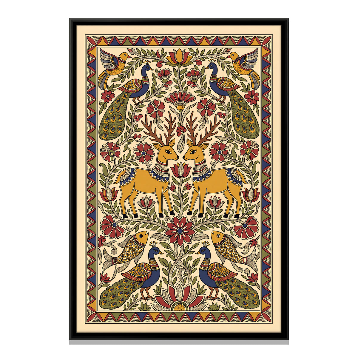 Pair of Deer with Peacocks - framed canvas print, front view