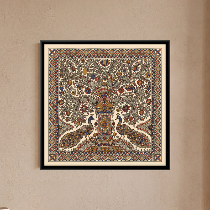 Tree of Life with Peacocks - framed canvas art hung on a wall