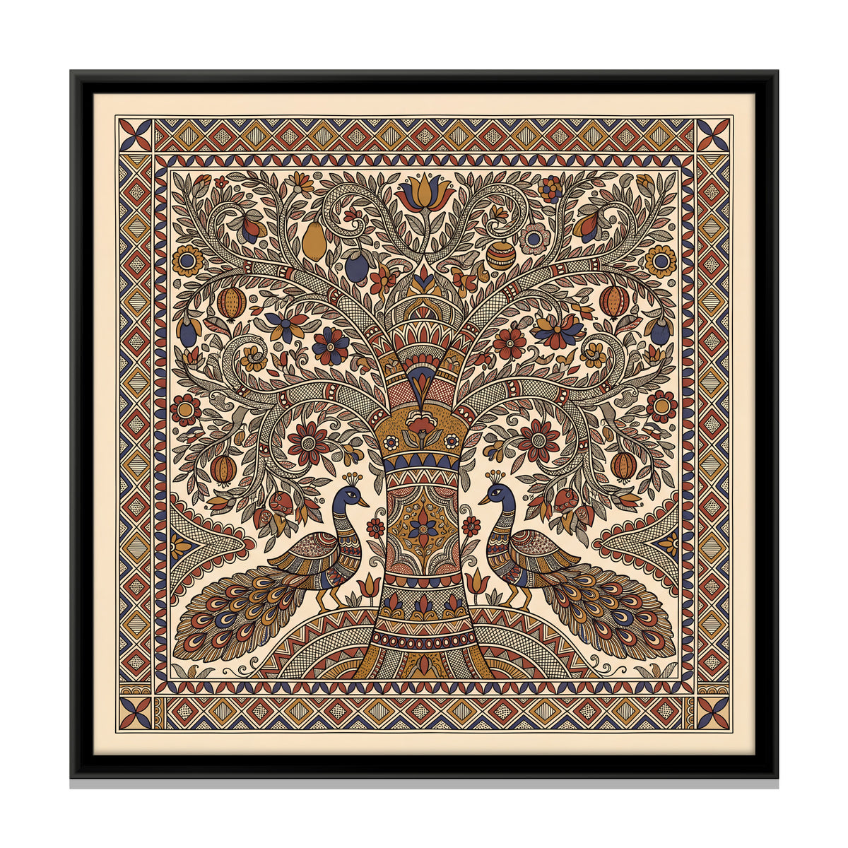 Tree of Life with Peacocks - framed canvas print, front view