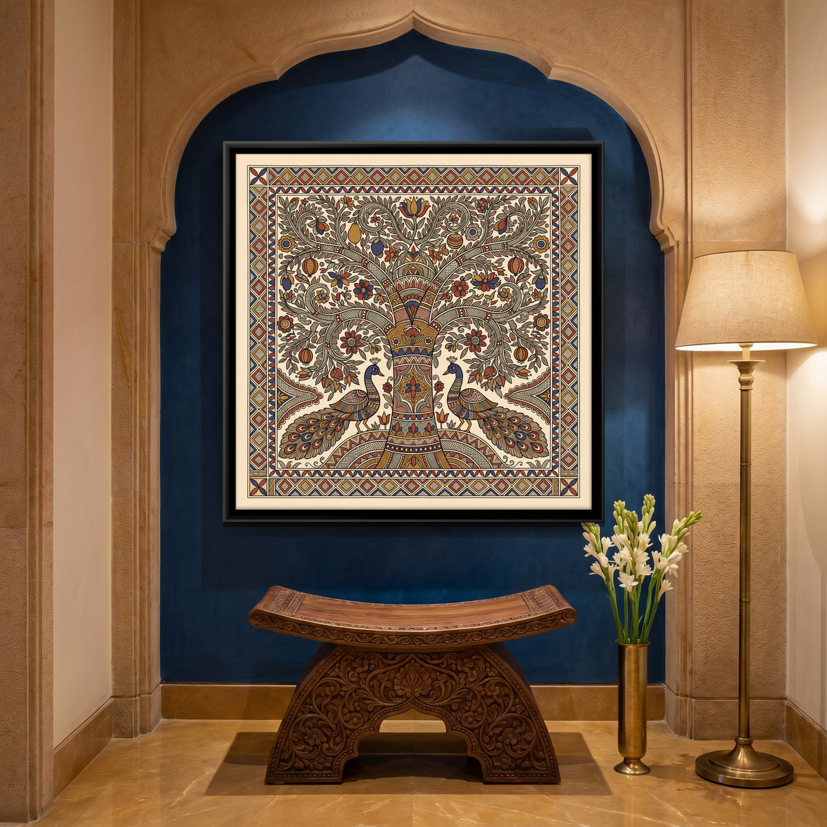 Tree of Life with Peacocks - canvas art shown in a styled room