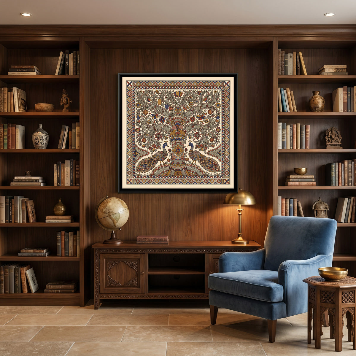 Tree of Life with Peacocks - canvas art shown in a second room setting