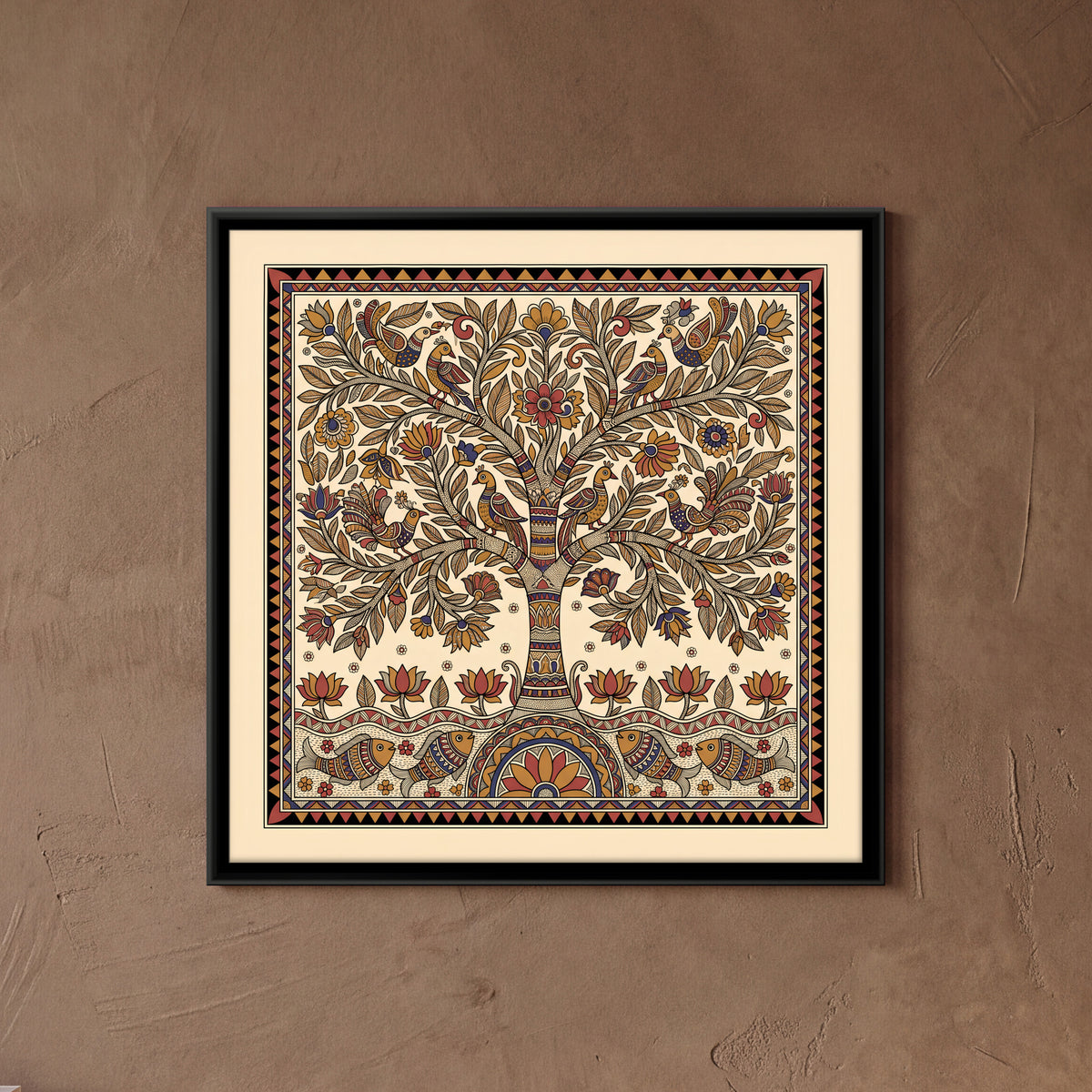 A tree of life canvas with birds, lotuses and fish, framed on a wall