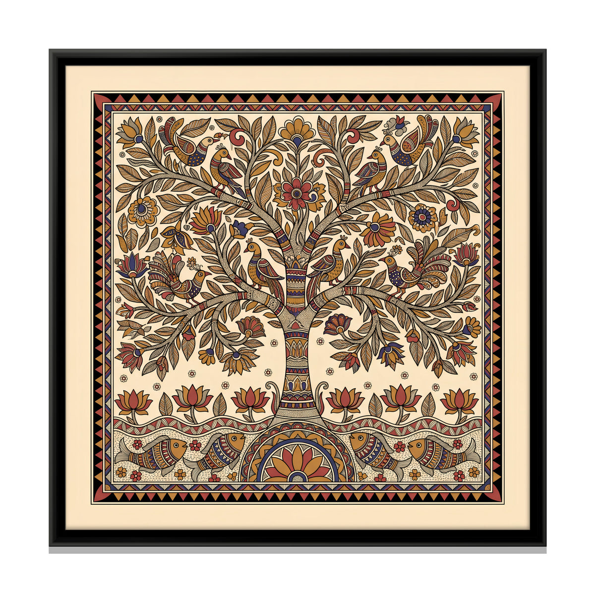 Tree of Life with Birds and Fish - framed canvas print, front view