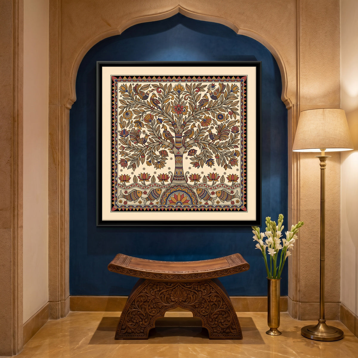 Tree of Life with Birds and Fish - canvas art shown in a styled room