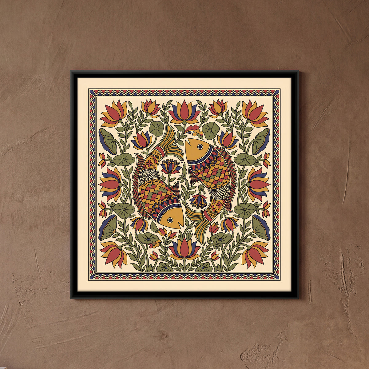 Pair of Fish Among Lotus - framed canvas art hung on a wall