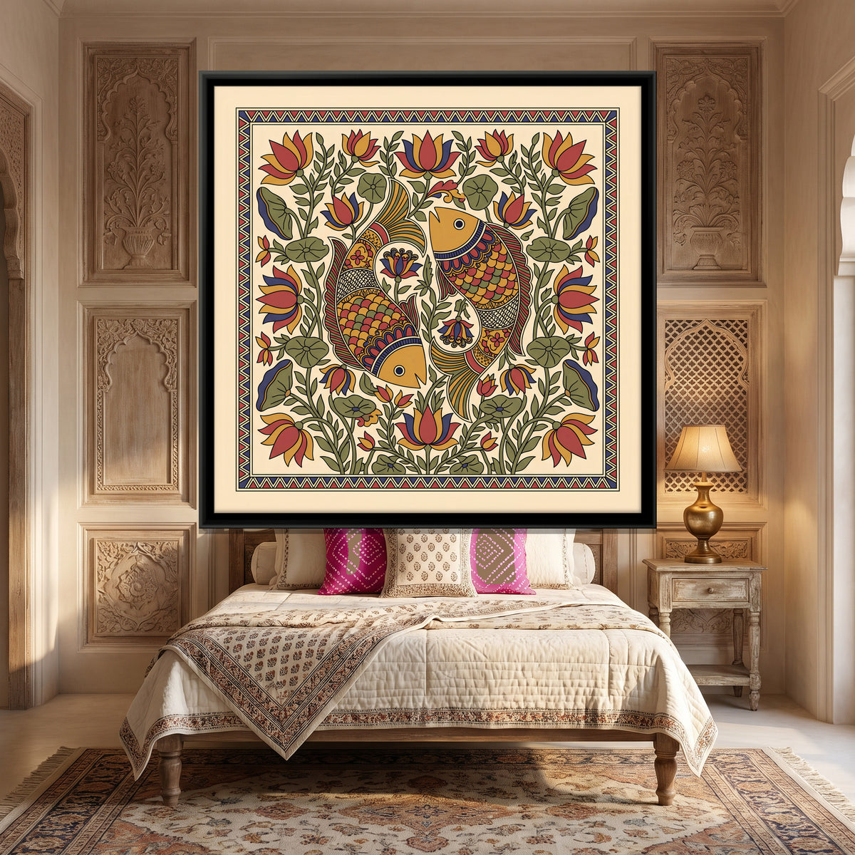 Pair of Fish Among Lotus - canvas art shown in a styled room