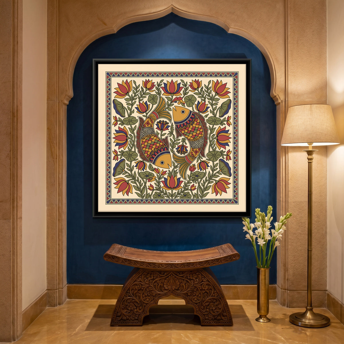 Pair of Fish Among Lotus - canvas art shown in a second room setting