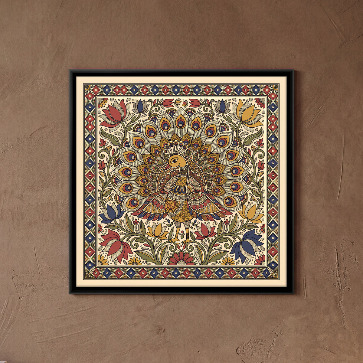Peacock in Full Display - framed canvas art hung on a wall