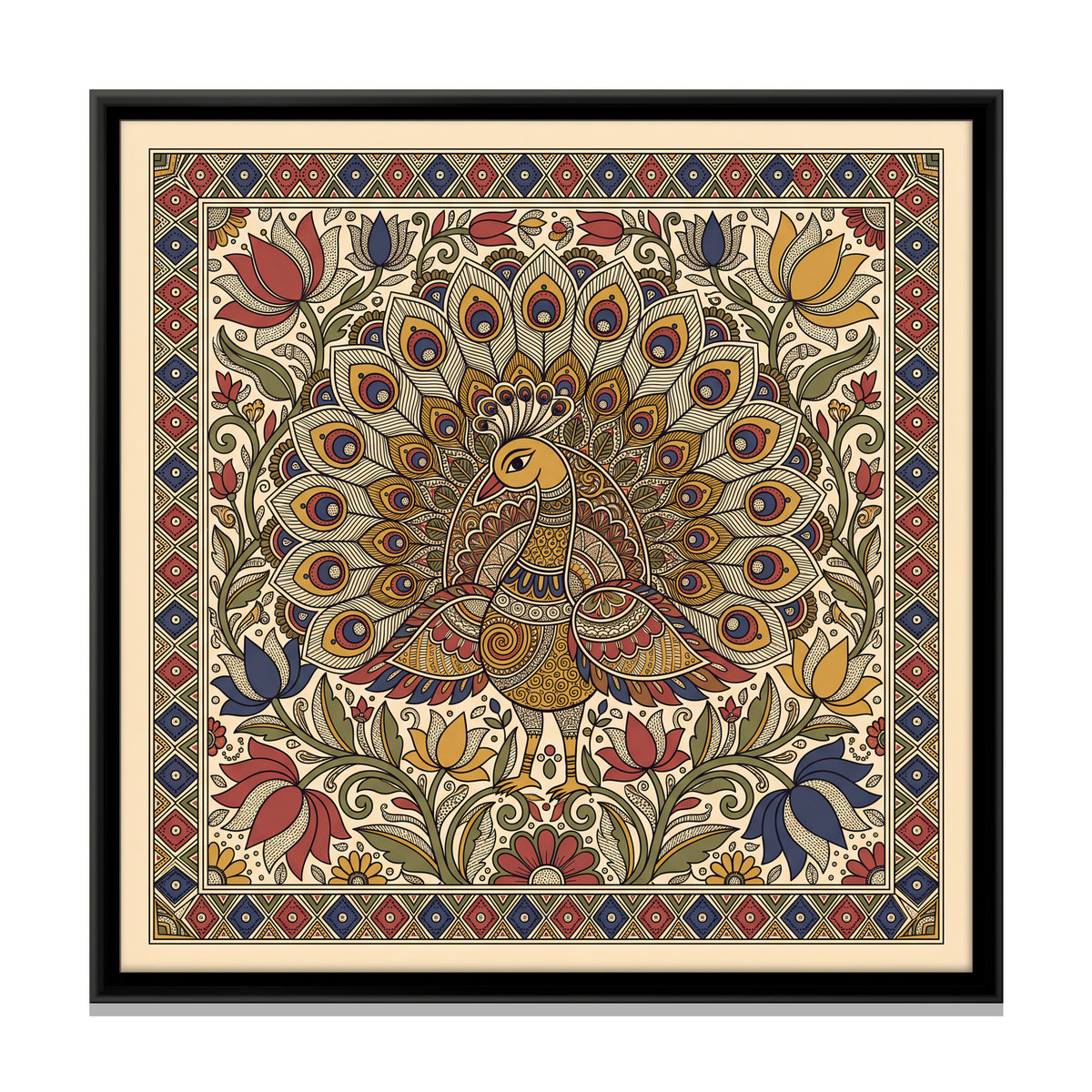 Peacock in Full Display - framed canvas print, front view
