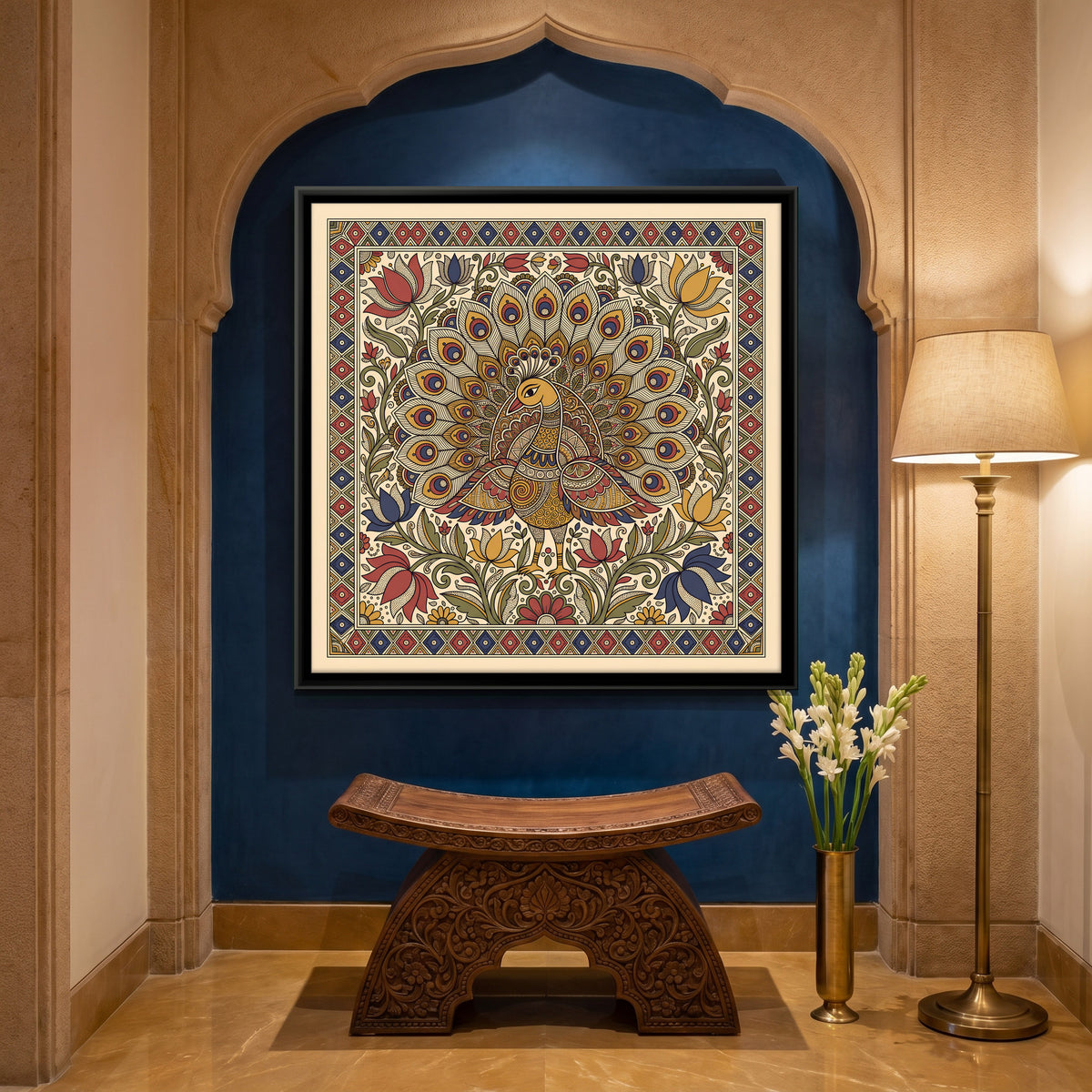 Peacock in Full Display - canvas art shown in a styled room