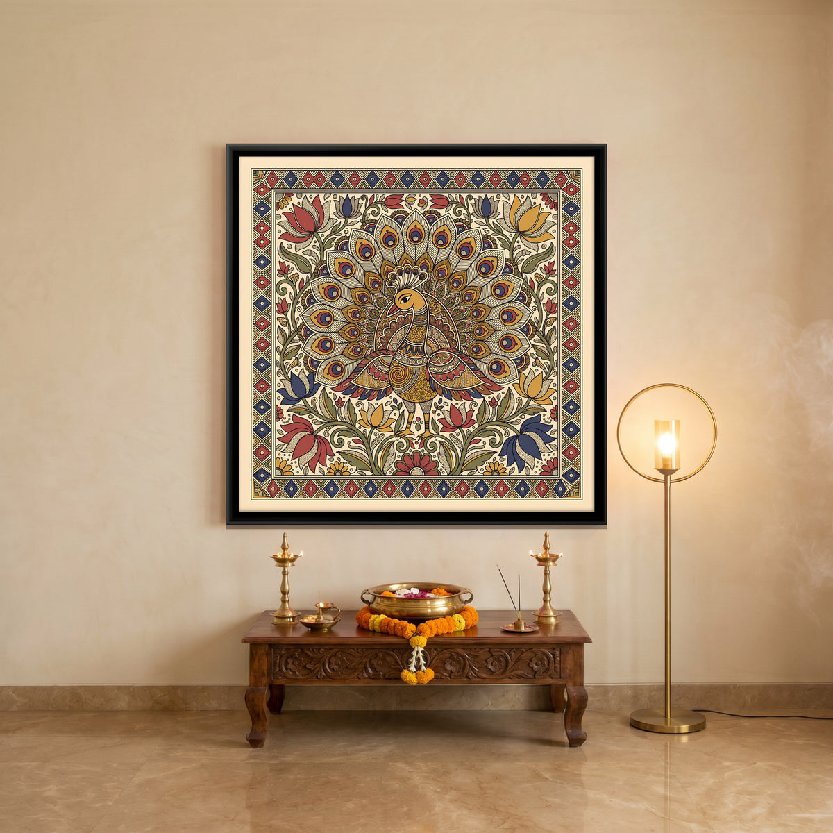 Peacock in Full Display - canvas art shown in a second room setting