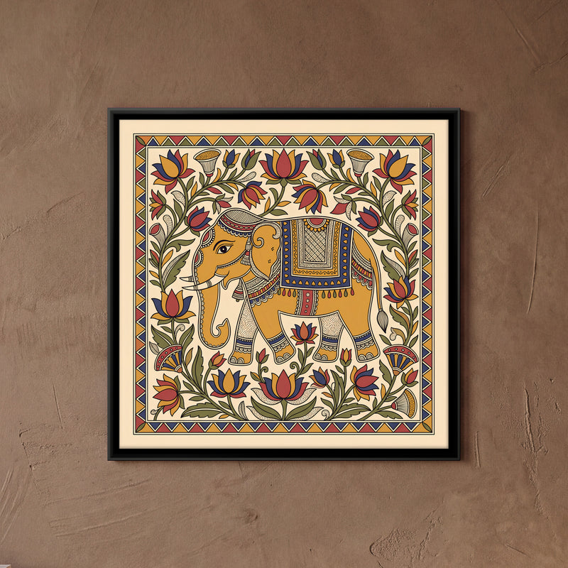 Decorated Elephant with Lotus Vines - framed canvas art hung on a wall