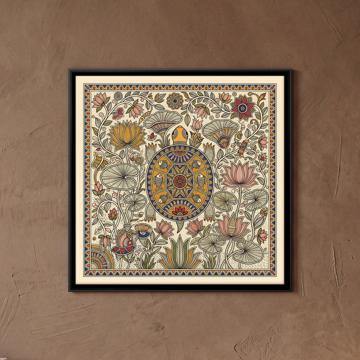 Tortoise in a Lotus Pond - framed canvas art hung on a wall