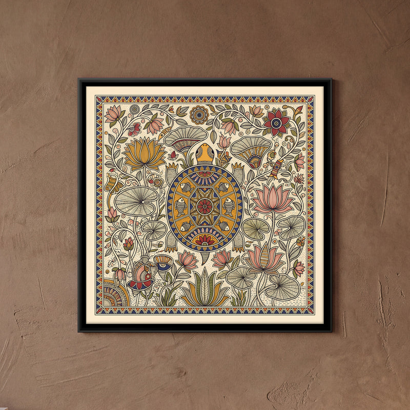 Tortoise in a Lotus Pond - framed canvas art hung on a wall