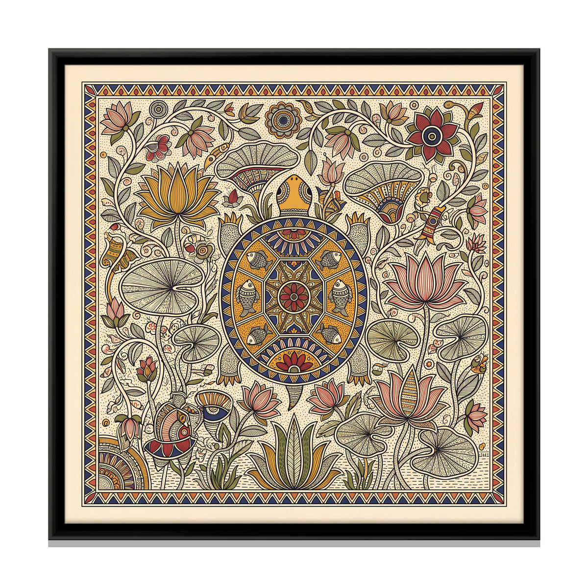 Tortoise in a Lotus Pond - framed canvas print, front view