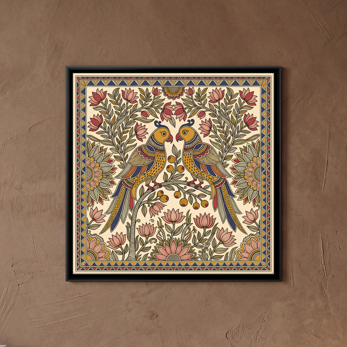 Pair of Parrots on a Fruiting Branch - framed canvas art hung on a wall