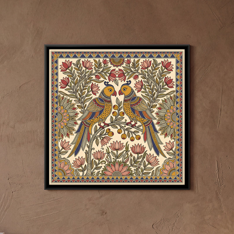 Pair of Parrots on a Fruiting Branch - framed canvas art hung on a wall