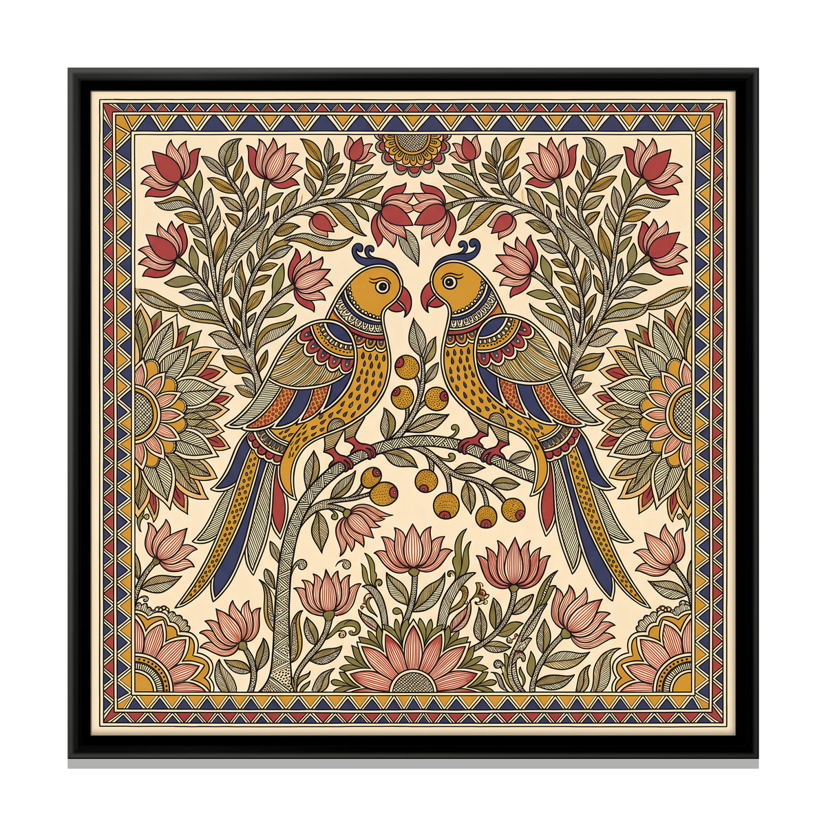 Pair of Parrots on a Fruiting Branch - framed canvas print, front view