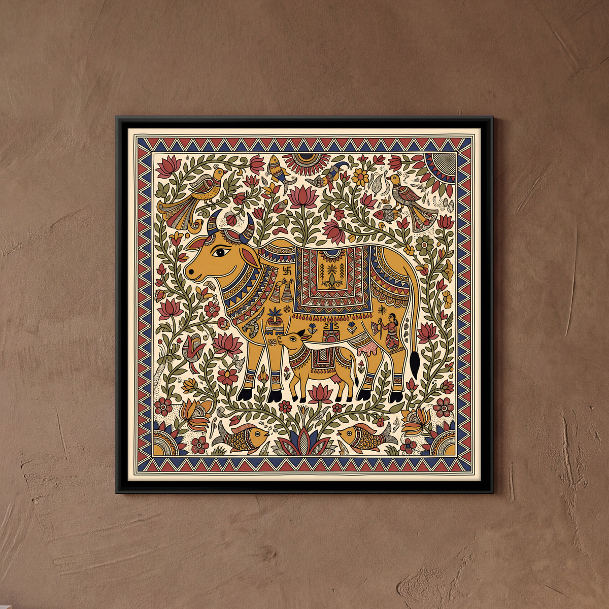 Gau Mata with Her Calf - framed canvas art hung on a wall