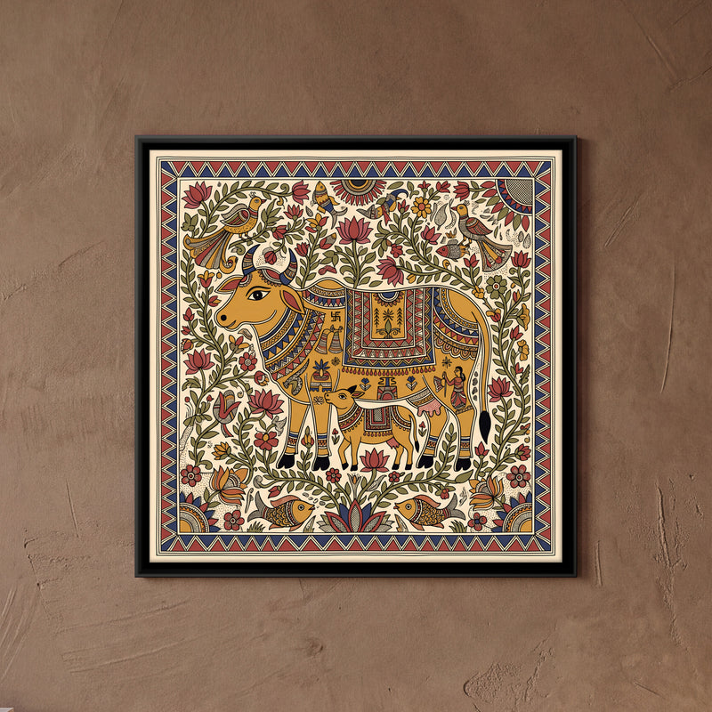 Gau Mata with Her Calf - framed canvas art hung on a wall