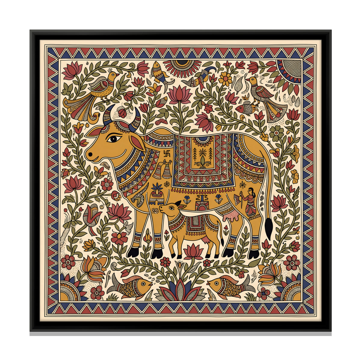 Gau Mata with Her Calf - framed canvas print, front view