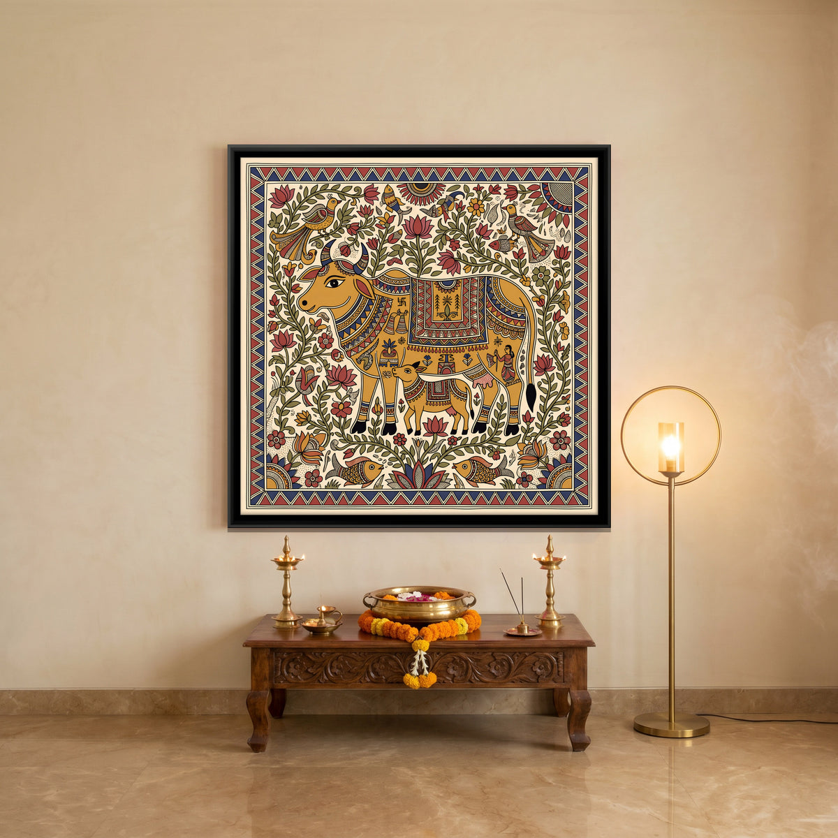 Gau Mata with Her Calf - canvas art shown in a styled room