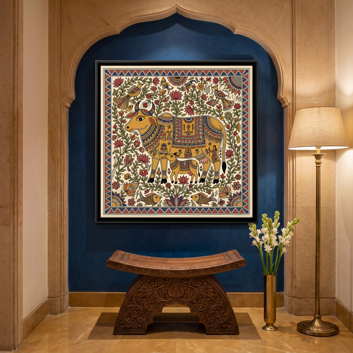 Gau Mata with Her Calf - canvas art shown in a second room setting