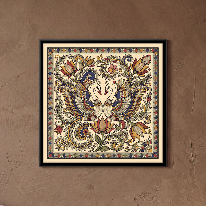 Pair of Swans with Lotus - framed canvas art hung on a wall